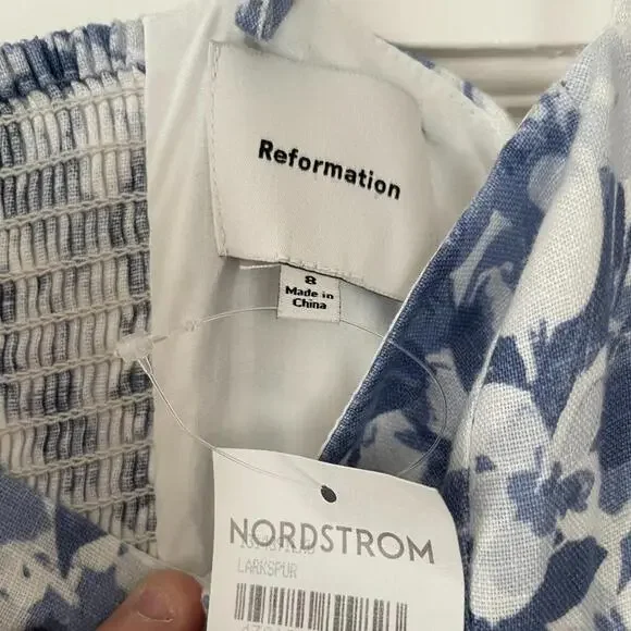 Reformation Blue and White Floral Monette Linen Dress Size 8 NWT - Picture 4 of 8